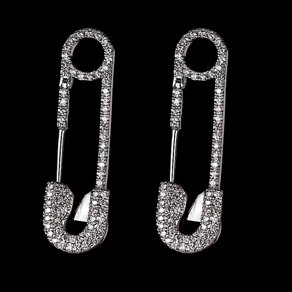Silver Rhinestone Safety Pin Earrings, Minimalist